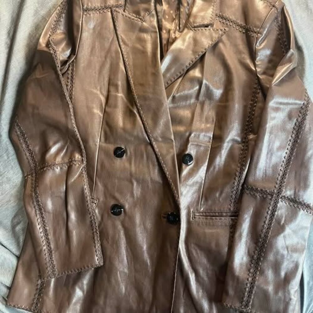 Anthropologie Brown Faux Leather Whipstitch Blazer Jacket Size M $198